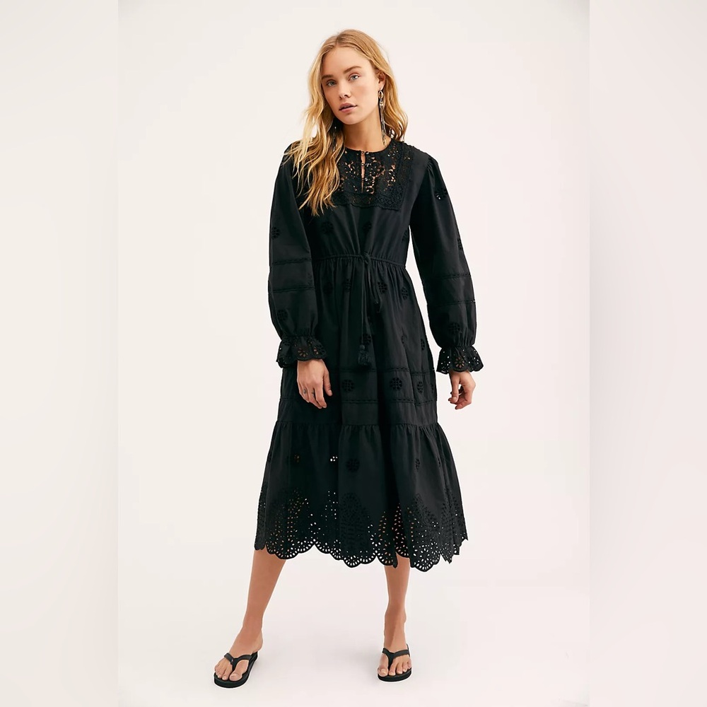 Free People Black Lavender Eyelet Cotton Crochet Dress Womens Size Small $198